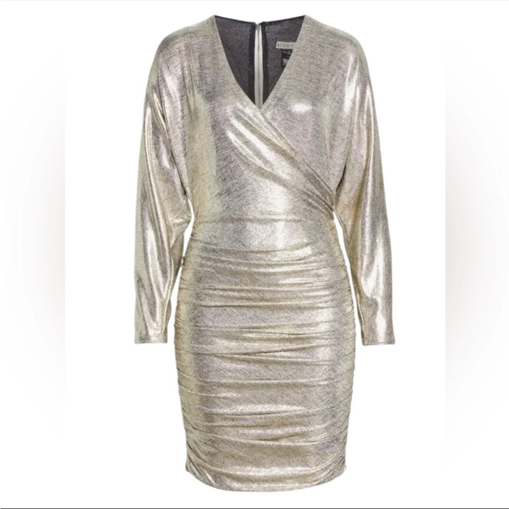 Alice and Olivia Pace Ruched Metallic Batwing Sleeve Dress size 10